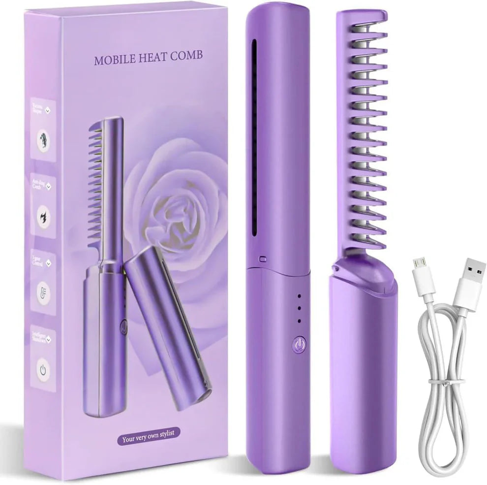 Rechargeable Hot Comb Hair Straightener Cordless 3 Adjustable Temp Flat Iron Heating Hair Brush Suitable For All Hair Types, Multicolour