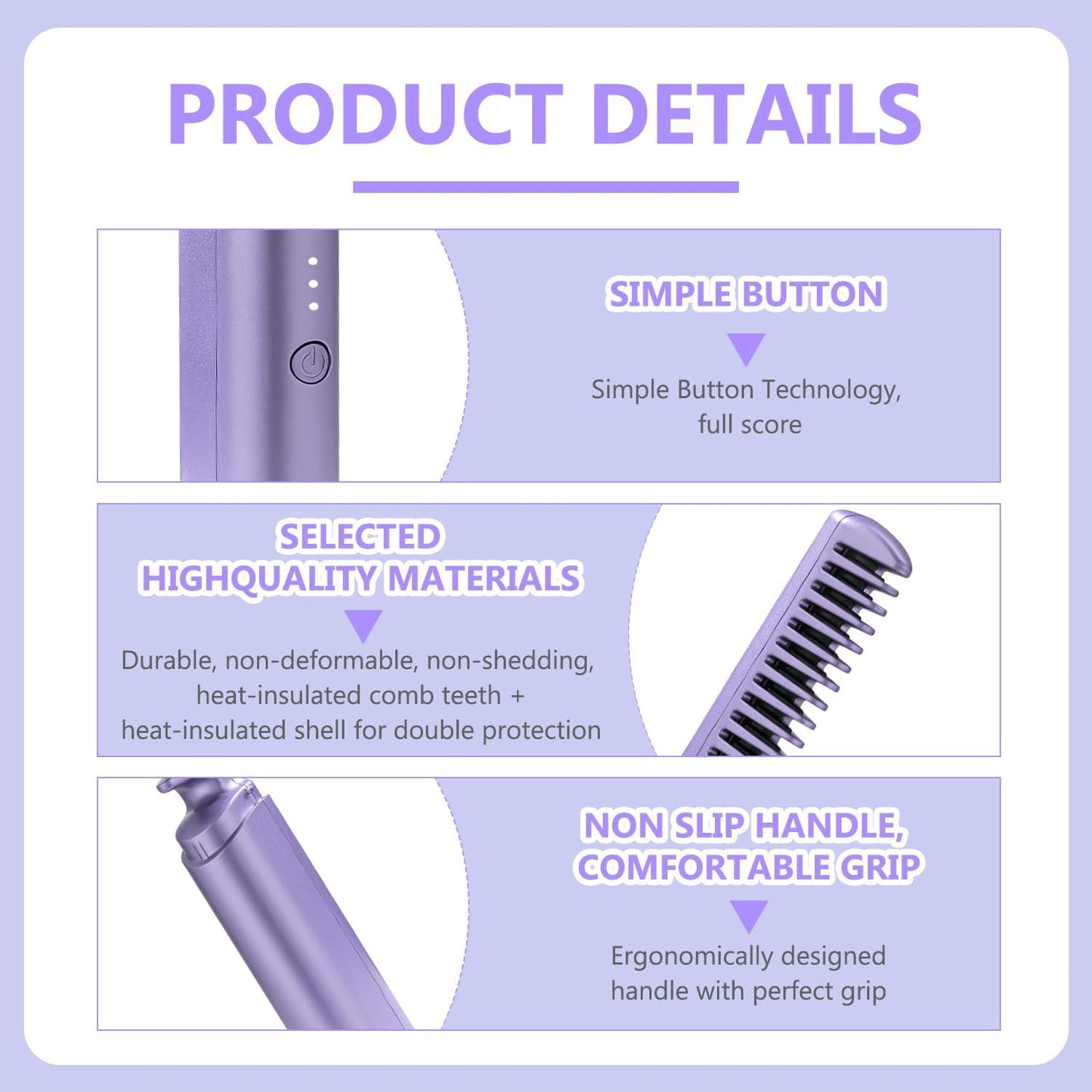 Rechargeable Hot Comb Hair Straightener Cordless 3 Adjustable Temp Flat Iron Heating Hair Brush Suitable For All Hair Types, Multicolour