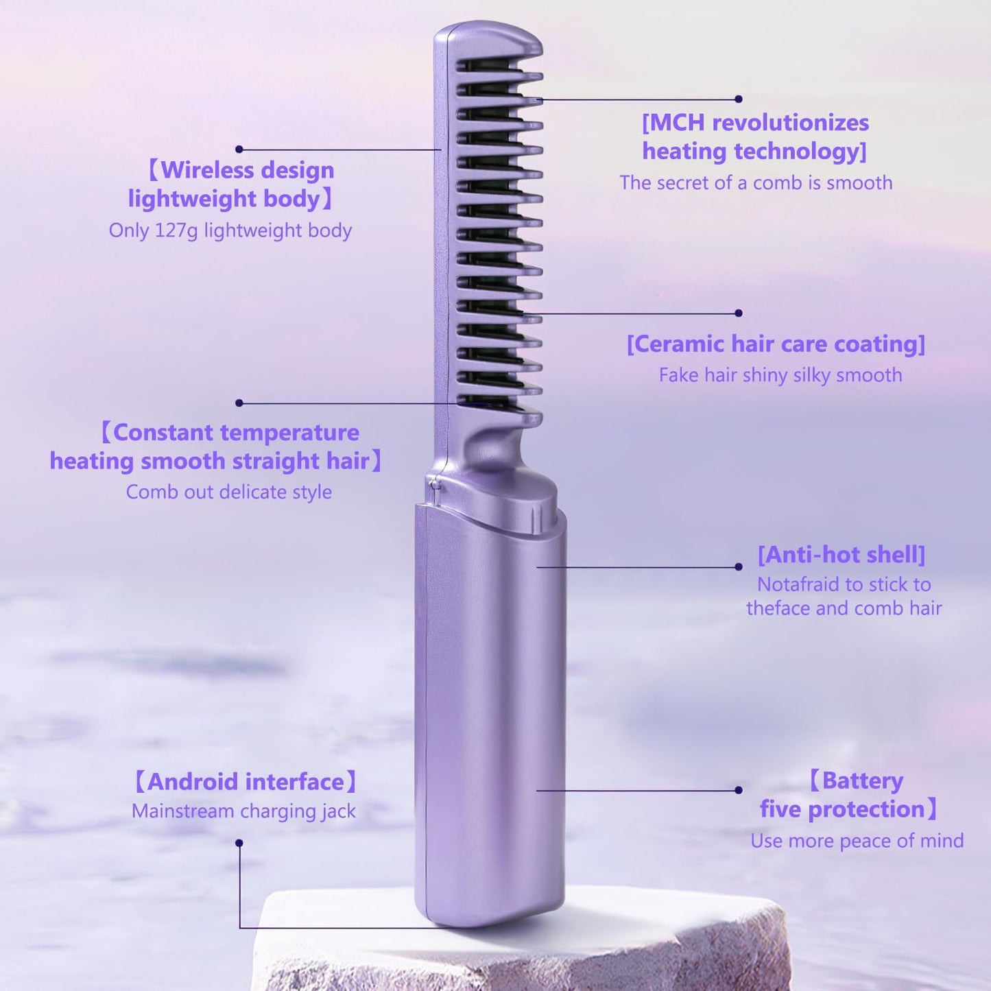 Rechargeable Hot Comb Hair Straightener Cordless 3 Adjustable Temp Flat Iron Heating Hair Brush Suitable For All Hair Types, Multicolour