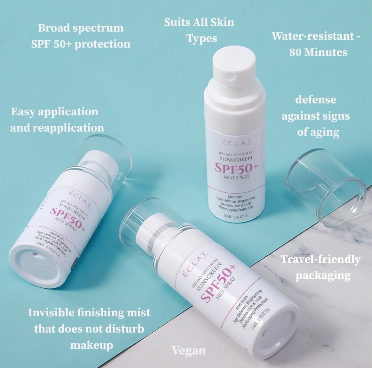 Eclat Sunscreen Facial Mist Broad Spectrum SPF 50+ | Age Defense, Brightening, UVA & UVB Protection-Health & Beauty-Eclatbody-Eclat-