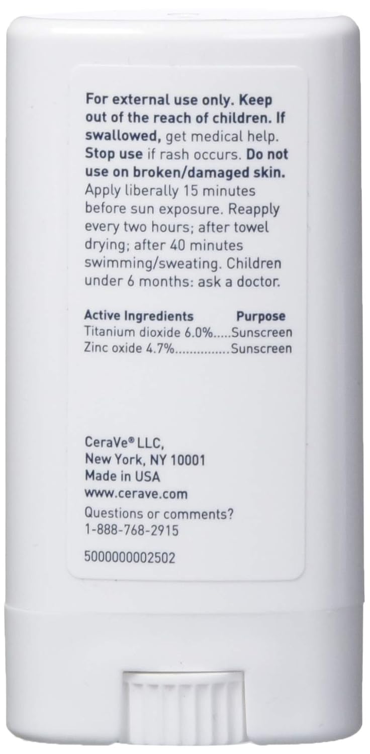 CeraVe Sunscreen stick spf 50 | 0.47 ounce | mineral sunscreen for kids & adults | fragrance free, 0.47 Ounce