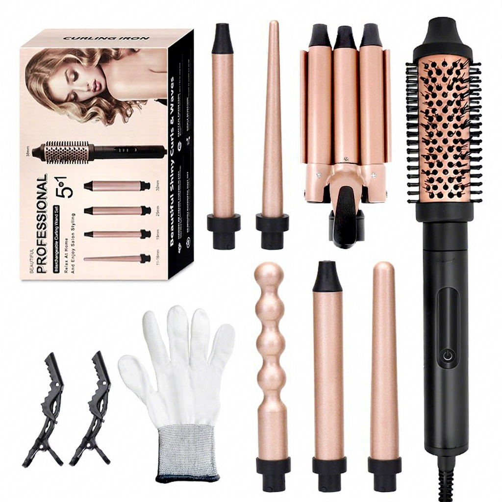 3 Temperature Display Suitable All Hair Types Curling Wand Set With Brush and 4 Interchangeable Ceramic Curling Wands